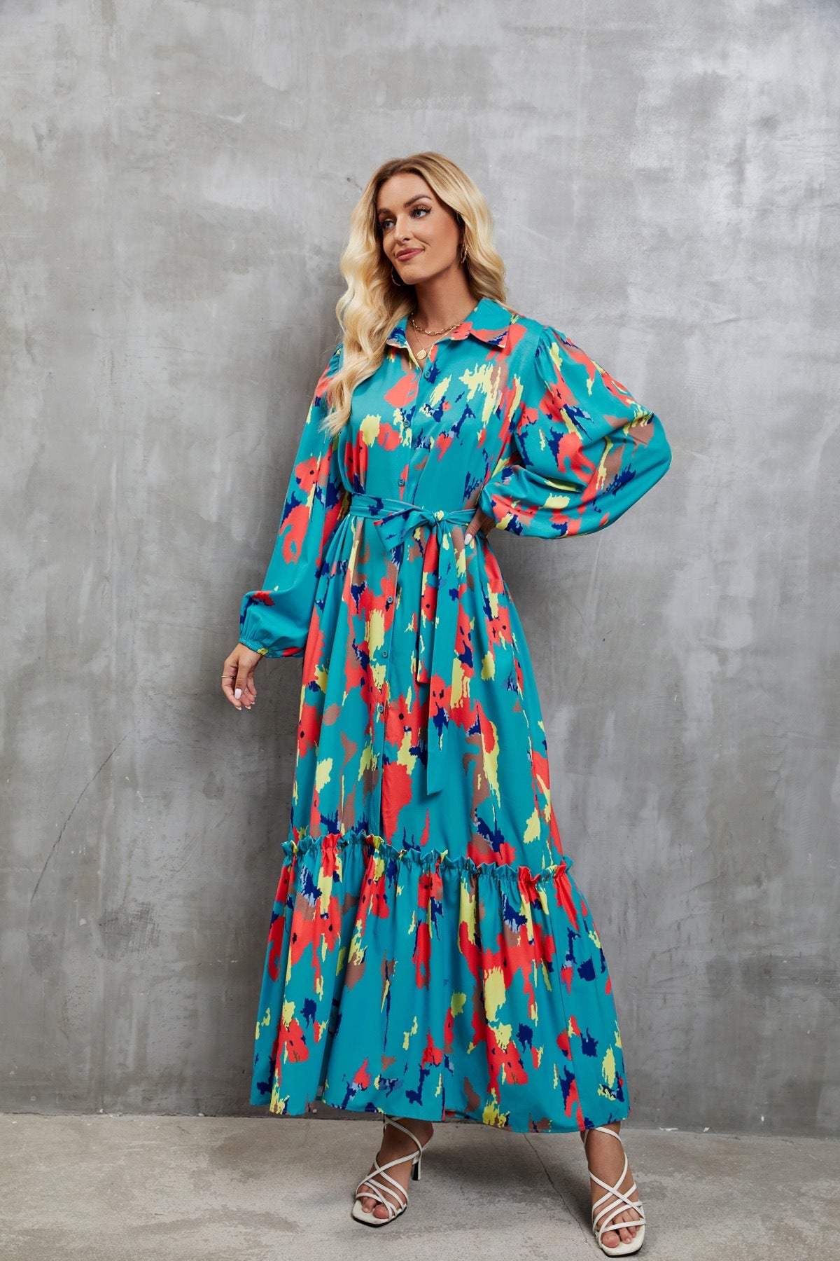 Damen Maxikleid mit voluminösen Ärmeln und schickem Bindegürtel R&B
