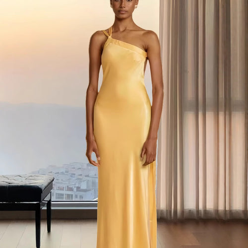 Damen Elegantes Satin Abendkleid mit asymmetrischem Schnitt und schmalem Träger R&B