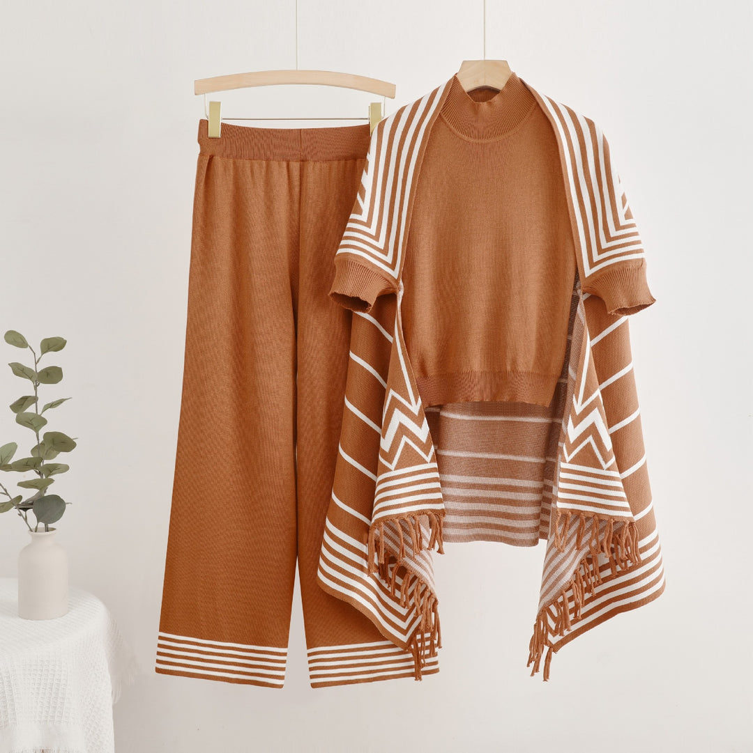 Damen elegantes Strick-Kombinationsset mit hochgeschlossenem Oberteil und weiten Hosen R&B