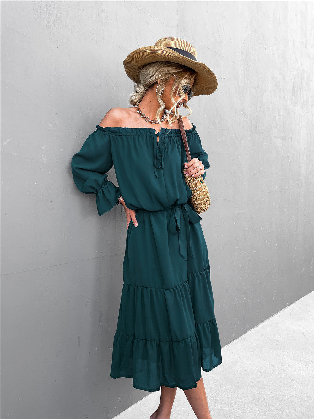 Damen lässiges Off-Shoulder Kleid mit Rüschensaum und Taillengürtel R&B