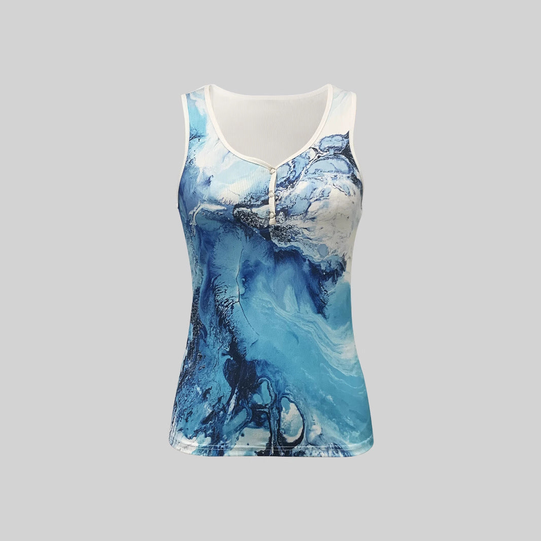 Damen Ärmelloses Oberteil mit farbenfrohem Marmor-Design und Knopfverschluss R&B