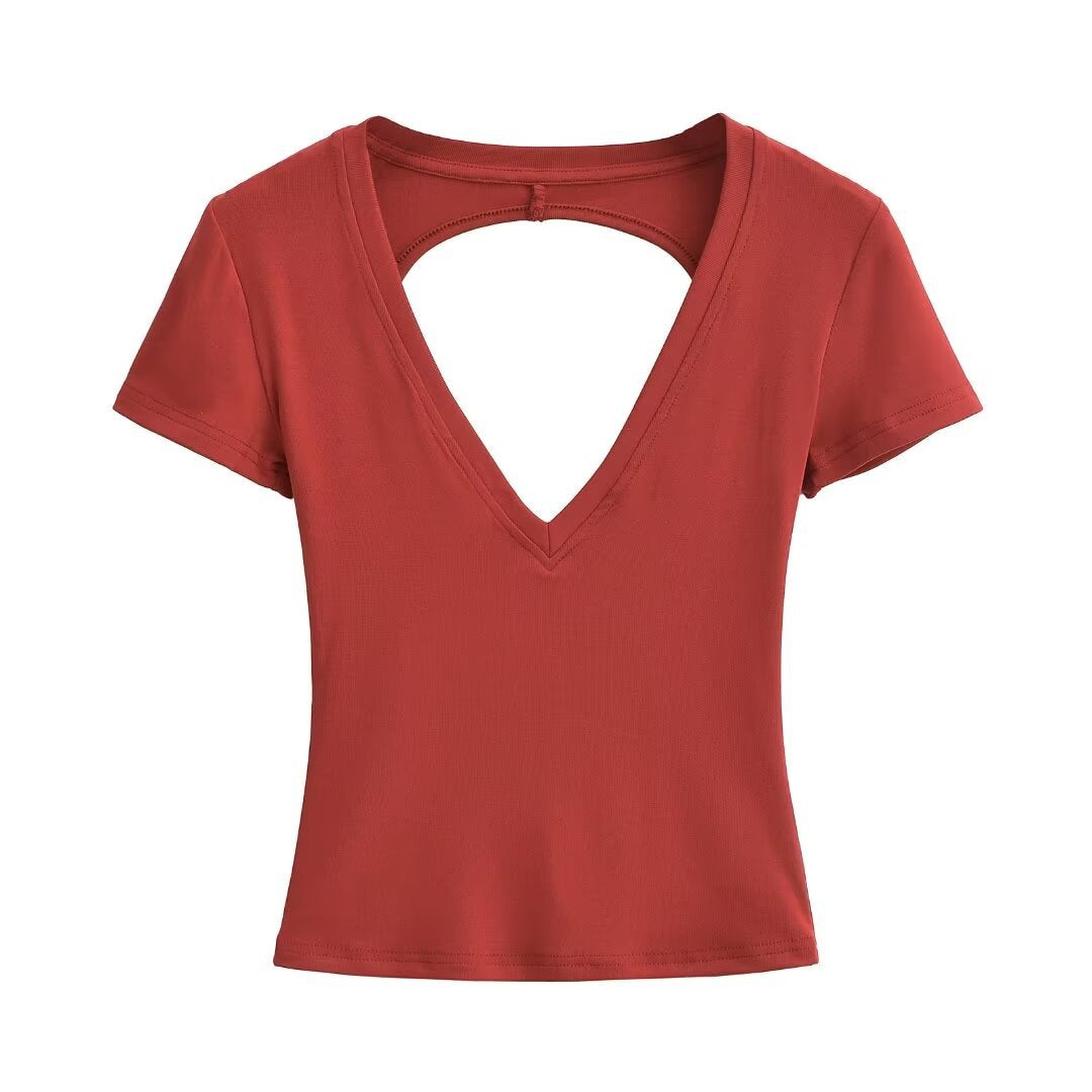 Damen modisches V-Ausschnitt T-Shirt mit offenem Rücken R&B