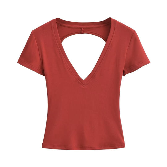Damen modisches V-Ausschnitt T-Shirt mit offenem Rücken R&B