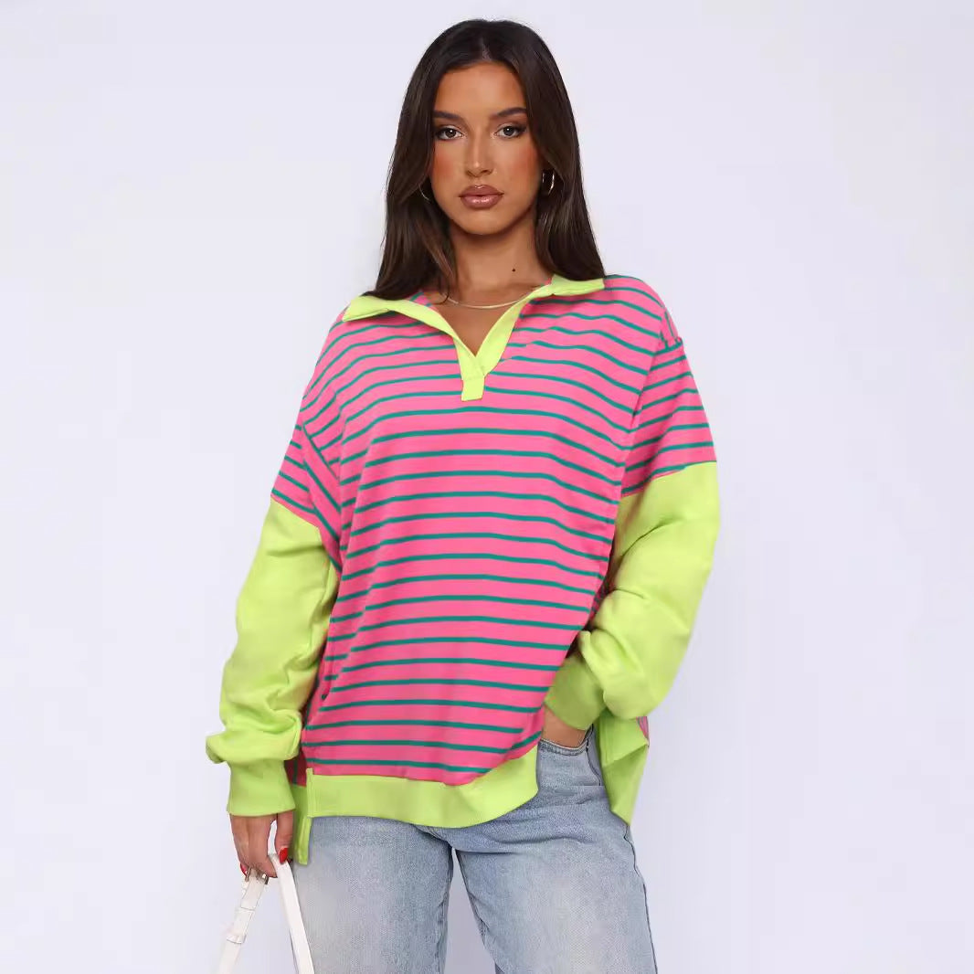 Damen Modischer Pullover mit gestreiftem Design und Kontrastdetails R&B