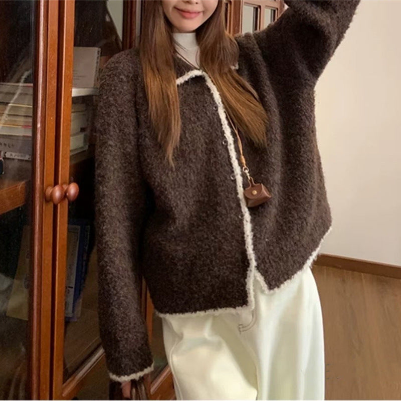 Damen kuscheliger Strickcardigan mit Kontrastdetails und kragen R&B