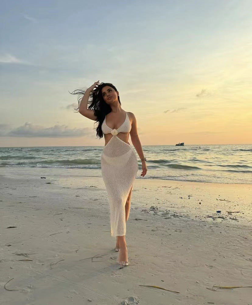 Damen Transparentes Strandkleid mit tiefem V-Ausschnitt R&B