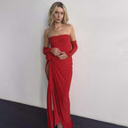Damen Elegantes Schulterfreies Abendkleid mit Raffung und hohem Schlitz R&B
