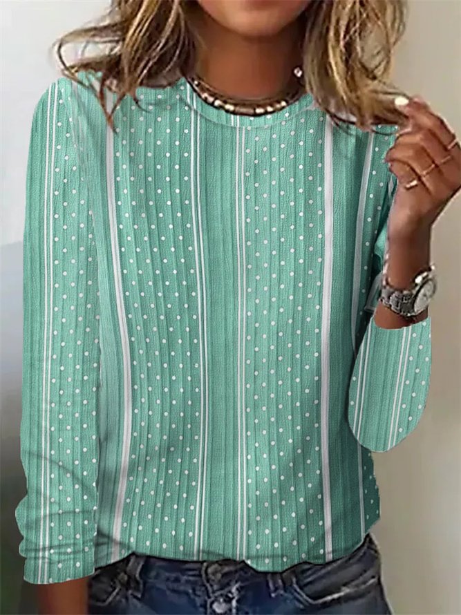 Damen lässiges Langarmshirt mit stylischem Punktmuster und vertikalen Streifen R&B