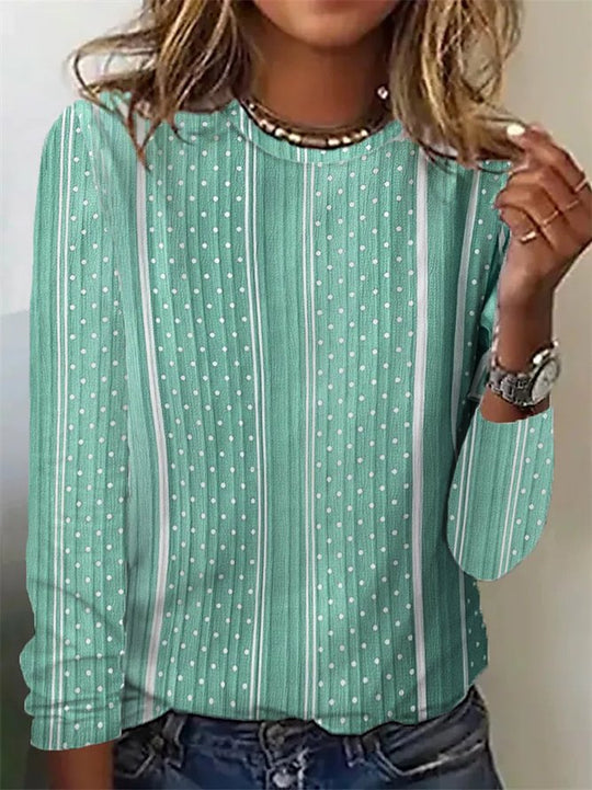 Damen lässiges Langarmshirt mit stylischem Punktmuster und vertikalen Streifen R&B