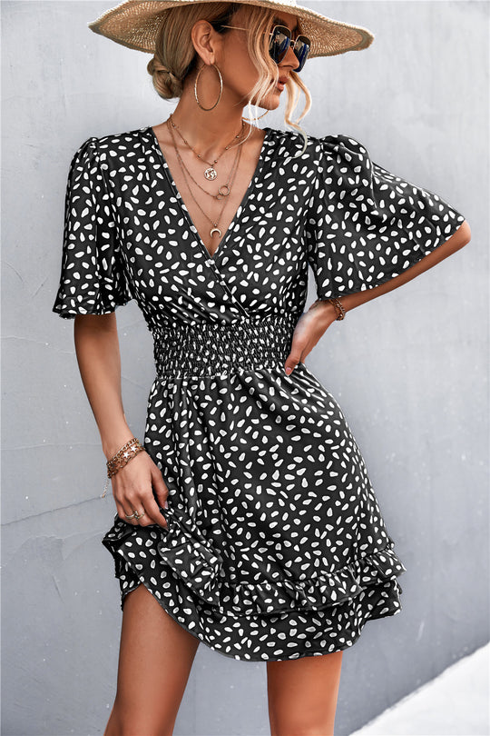 Damen Blümchen Minikleid mit Rüschen und elastischem Taillenbund R&B