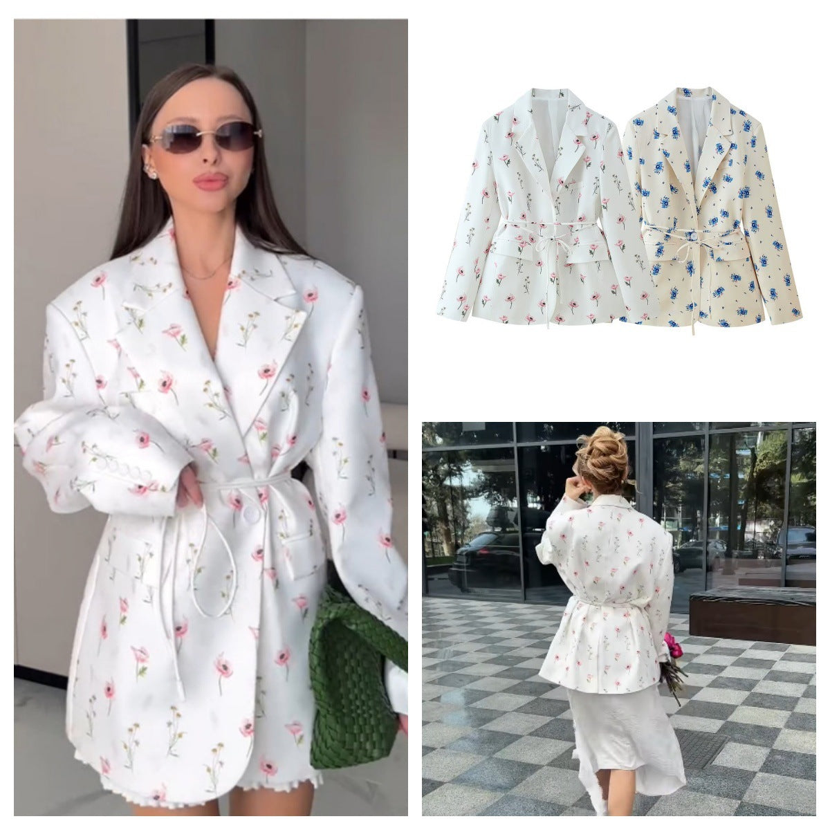 Damen modische Blazerjacke mit floralem Muster und Taillengürtel R&B