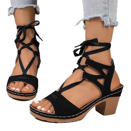 Damen trendige Plateau-Sandalen mit Schnürung und stabiler Sohle R&B