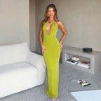 Damen Maxikleid mit hohem V-Ausschnitt und fließendem Stoff R&B