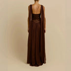 Damen Elegantes Langarm-Maxikleid mit tiefem V-Ausschnitt