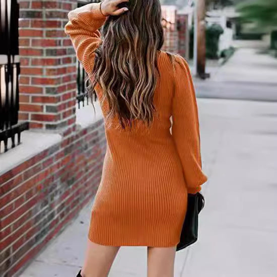 Damen Strickkleid mit hohem Kragen und Puffärmeln R&B