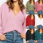 Damen lässiger Strickpullover mit tiefem V-Ausschnitt und eleganten Knopfdetails