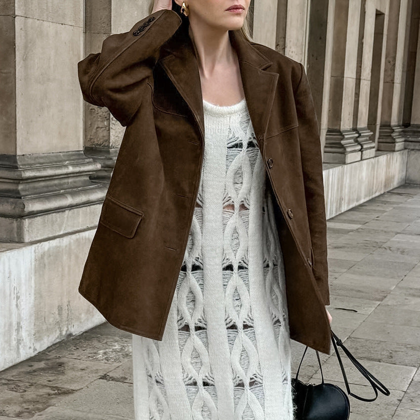Damen Modische Wildlederjacke im Oversized-Schnitt mit klassischem Kragen und praktischen Taschen R&B
