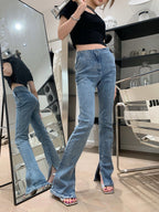 Damen Glitzernde Bootcut-Jeans mit Schlitz und Stretchanteil R&B