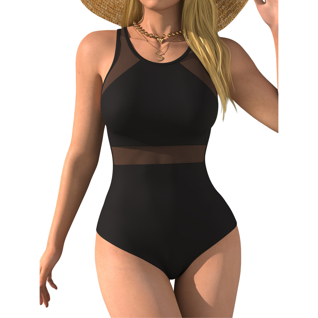 Damen einteiliger Badeanzug mit raffinierten Mesh-Einsätzen und figurformendem Design R&B