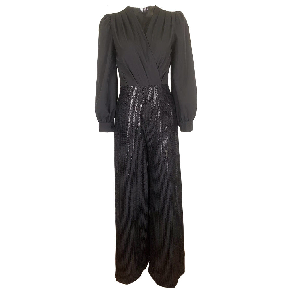 Damen elegante Overall mit funkelnden Pailletten und langem Schnitt R&B