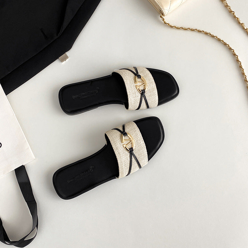 Damen modische Riemensandalen mit dekorativem Goldakzent und komfortablem Fußbett R&B