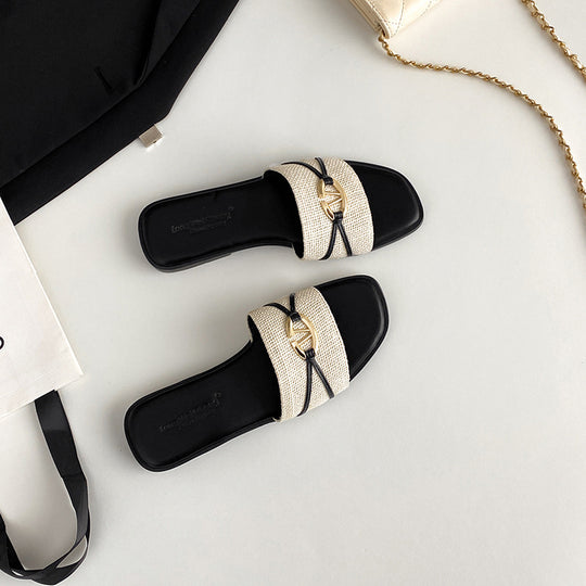 Damen modische Riemensandalen mit dekorativem Goldakzent und komfortablem Fußbett R&B