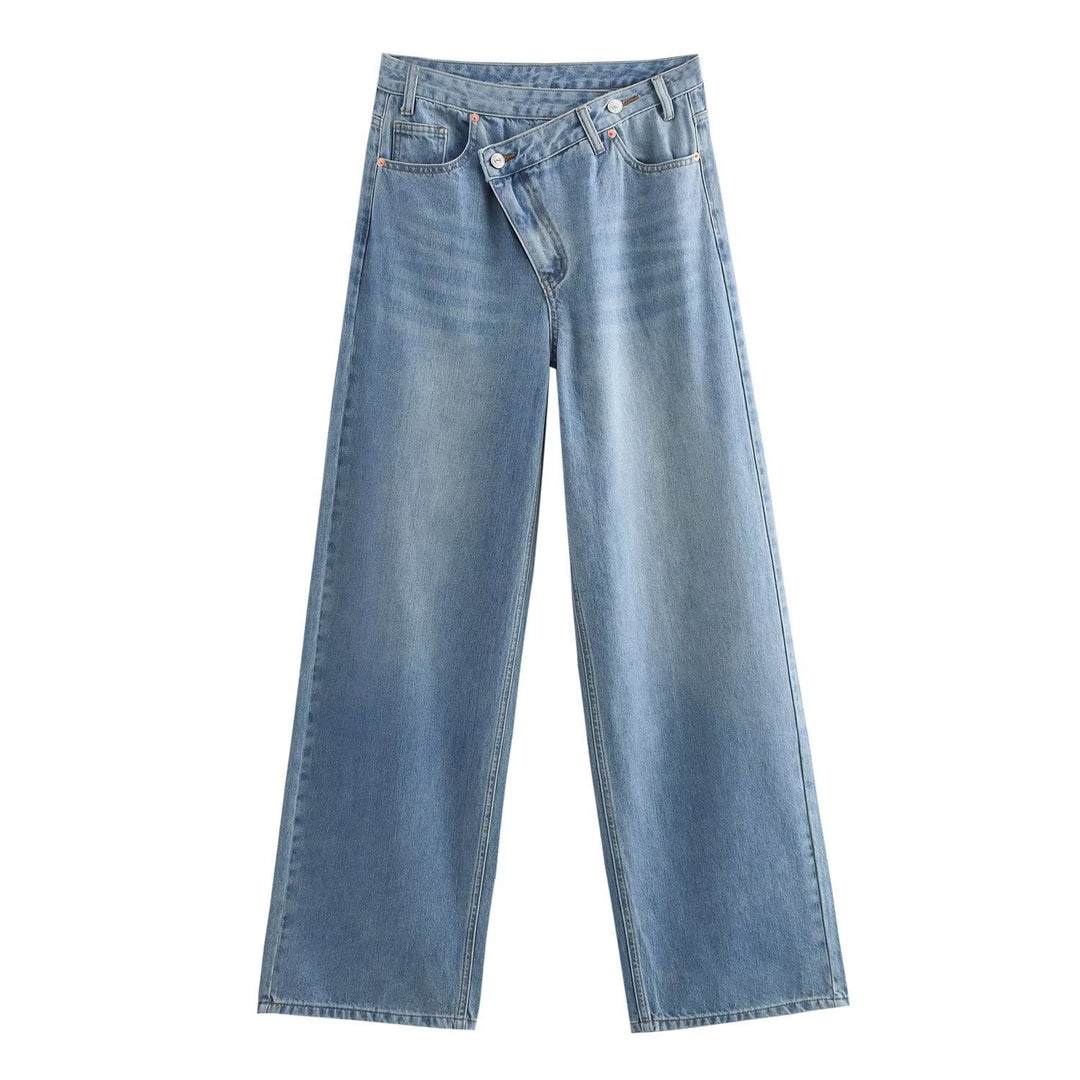 Damen weit geschnittene Jeans mit asymmetrischem Knopfverschluss und hohen Taillen R&B