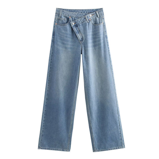 Damen weit geschnittene Jeans mit asymmetrischem Knopfverschluss und hohen Taillen R&B