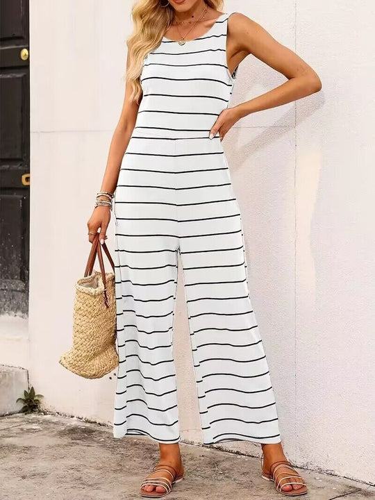 Damen lässiger Jumpsuit mit breiten Bein und klassischem Streifenmuster R&B