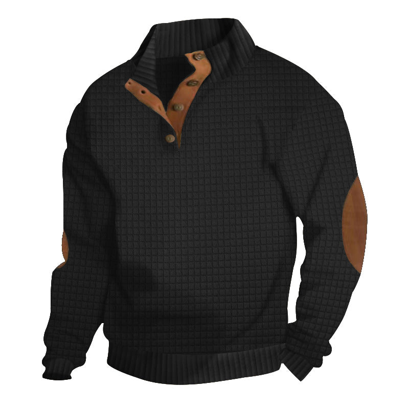 Herren nan waffelstruktur-Troyer mit Stehkragen Druckknopf-Leiste und Nappaleder-Ellenbogenpatches R&B