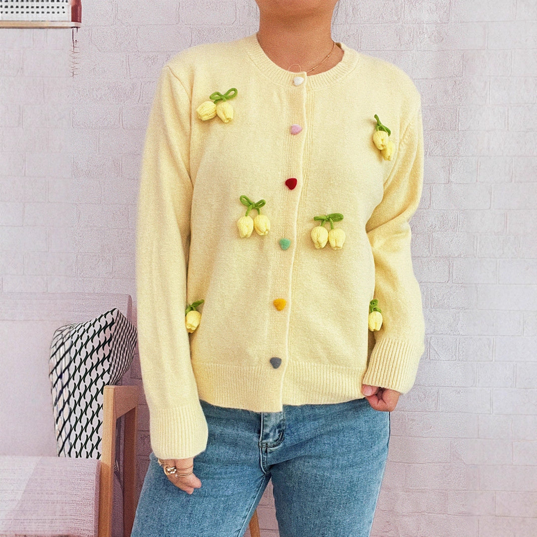 Damen Strickjacke mit fröhlichen Blumenapplikationen R&B