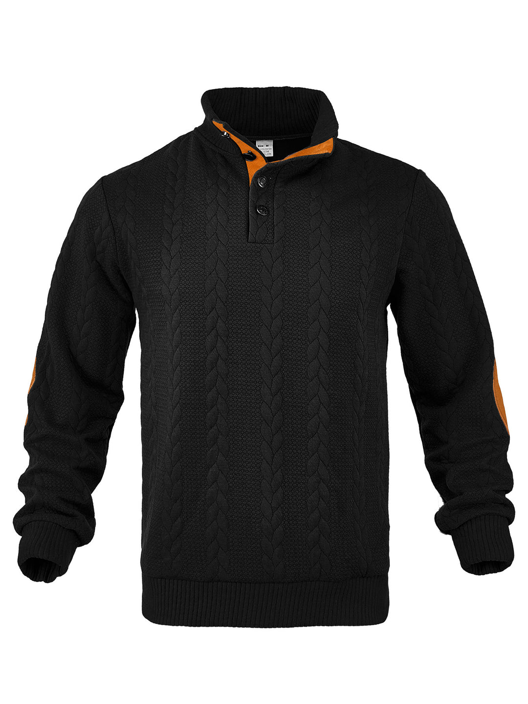 Herren nan Zopfmuster-Halbknopf-Pullover mit hohem Stehkragen und Wildleder-Ellbogenpatches R&B