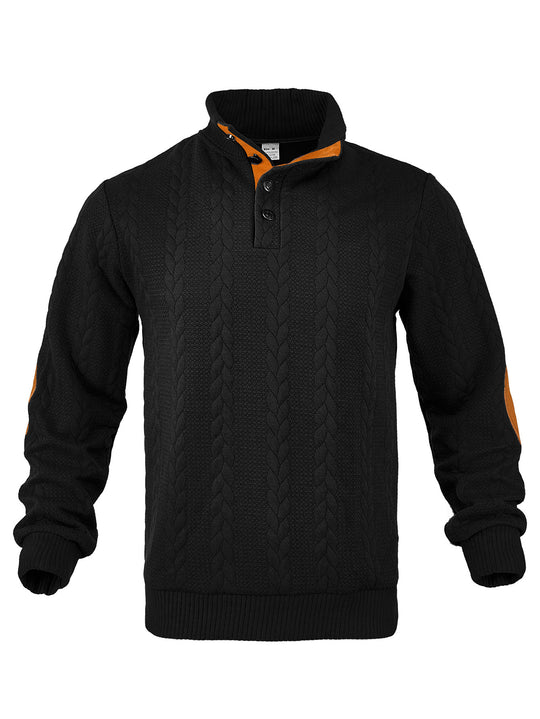 Herren nan Zopfmuster-Halbknopf-Pullover mit hohem Stehkragen und Wildleder-Ellbogenpatches R&B