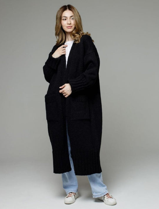 Damen bequemer langer Strickcardigan mit Taschen und breiten Ärmeln R&B