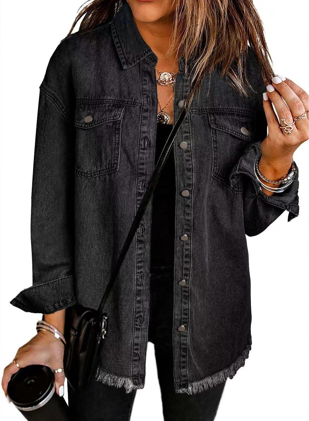 Damen Denim Overshirt mit fransigem Saum und Brusttaschen R&B