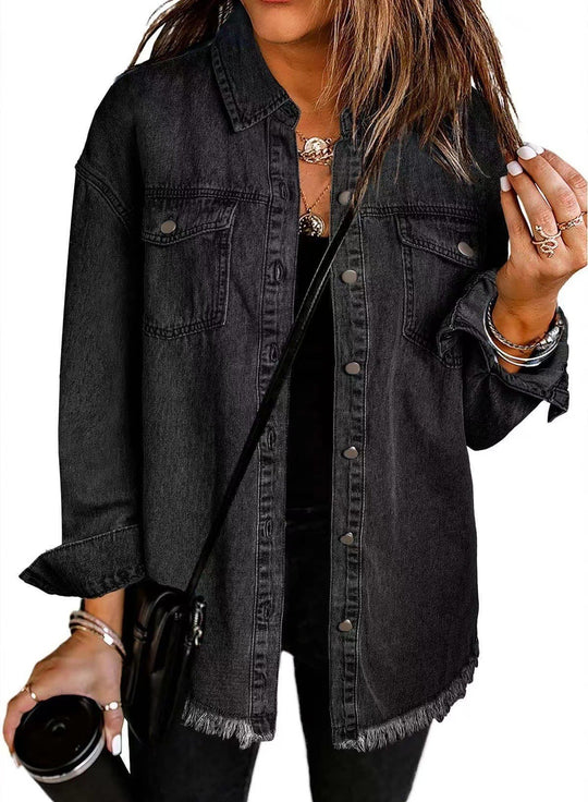 Damen Denim Overshirt mit fransigem Saum und Brusttaschen R&B