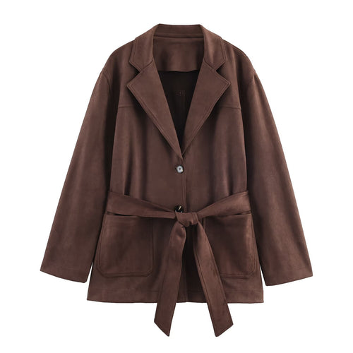 Damen Kunstlederblazerjacke mit tailliertem Schnitt und großem Gürtel R&B