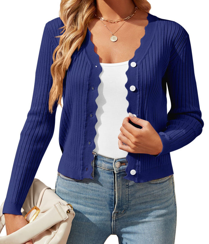 Damen elegante Strickjacke mit Wellenkante R&B