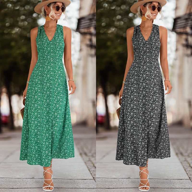 Damen Maxikleid mit floralem V-Ausschnitt und schwingendem Rock R&B