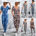 Damen elegante Jumpsuit im Snake-Print-Stil mit Taillengürtel und V-Ausschnitt R&B