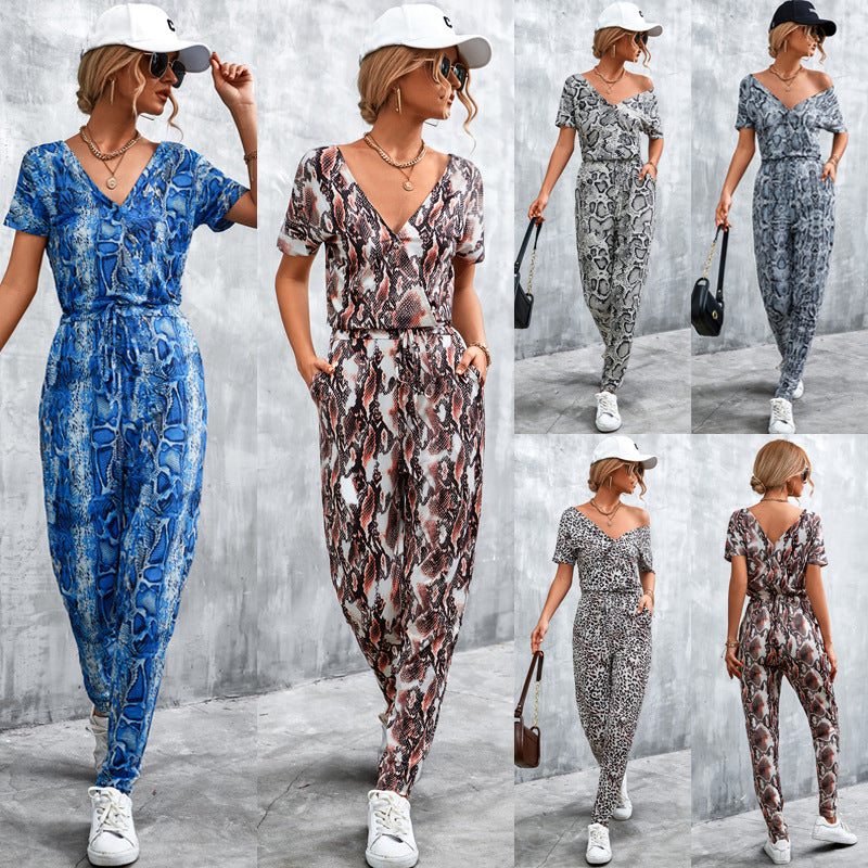 Damen elegante Jumpsuit im Snake-Print-Stil mit Taillengürtel und V-Ausschnitt R&B
