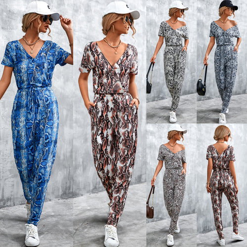 Damen elegante Jumpsuit im Snake-Print-Stil mit Taillengürtel und V-Ausschnitt R&B