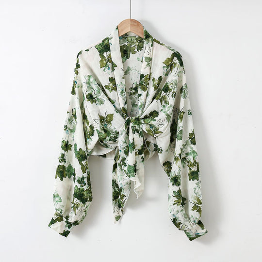 Damen nan florale Knoten-Bluse im Wickelstil mit Ballonärmeln und leichter Leinenoptik R&B