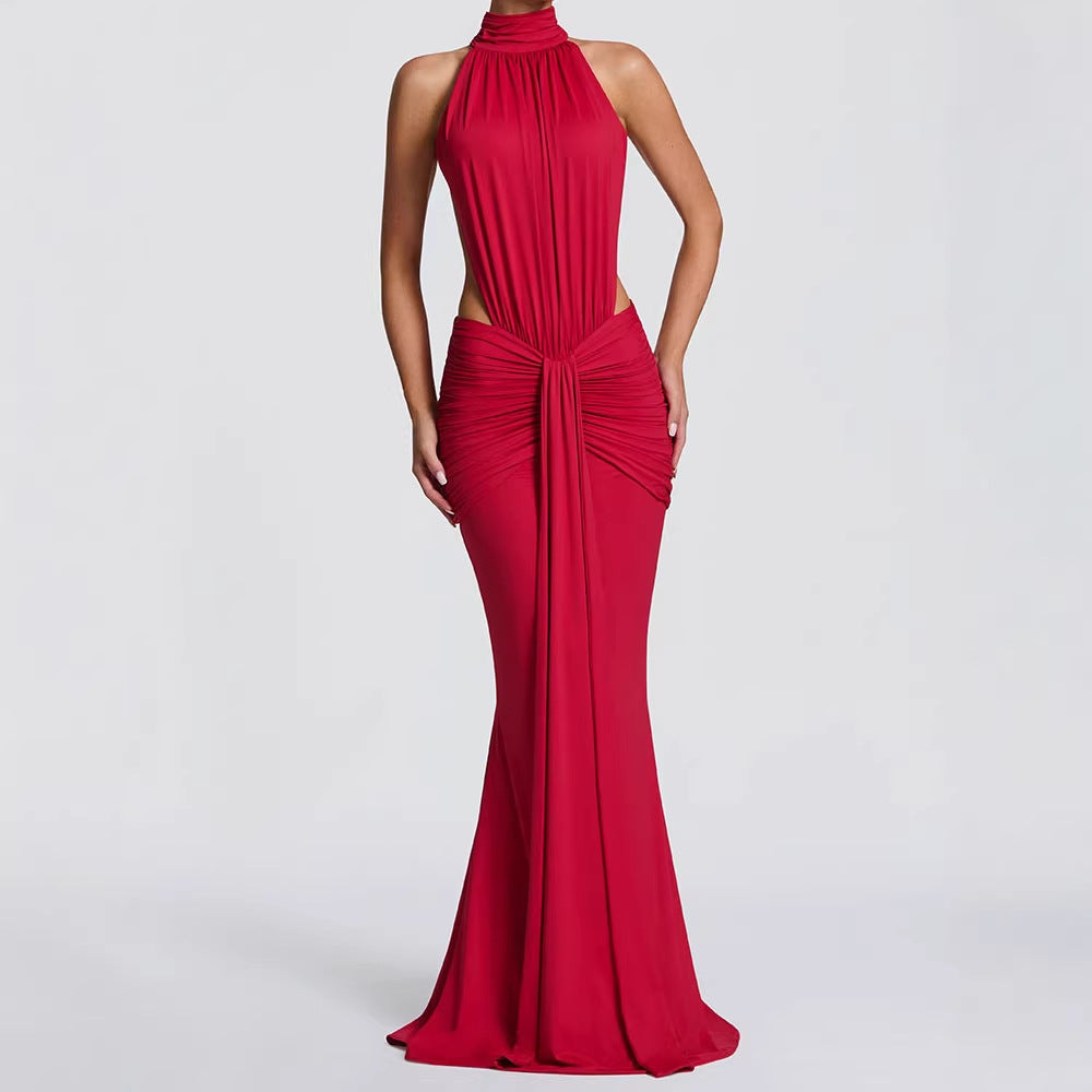Damen Elegantes Maxikleid mit drapiertem Vorderteil und hochgeschlossenem Design R&B