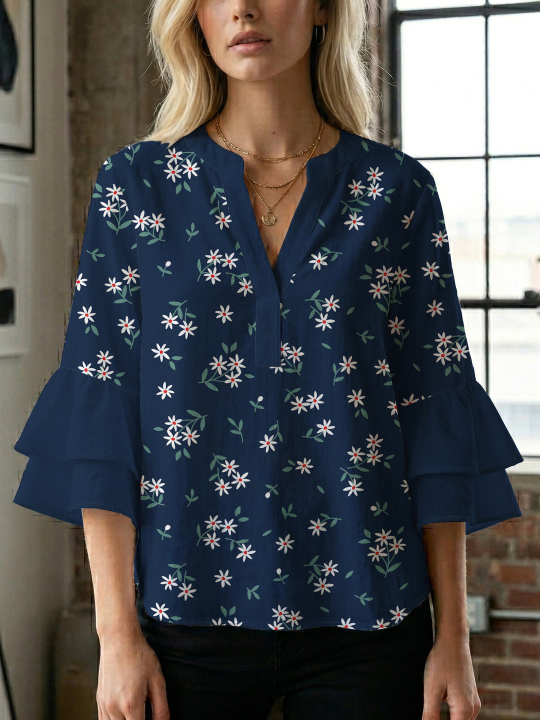 Damen Bluse mit voluminösen Ärmeln und floralem Design R&B