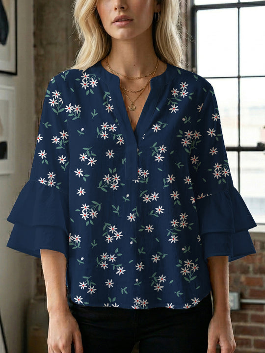 Damen Bluse mit voluminösen Ärmeln und floralem Design R&B