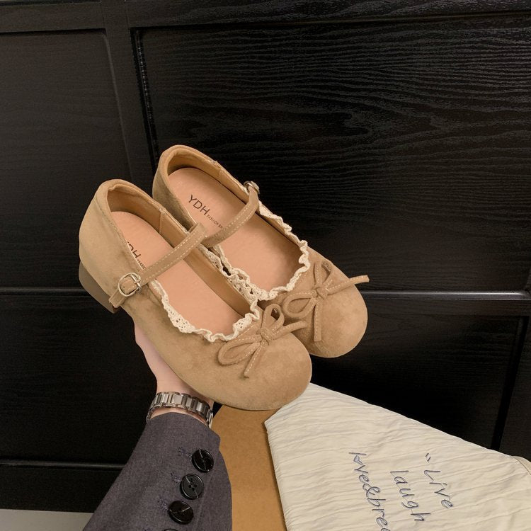 Damen elegante Mary Jane Ballerinas mit dekorativem Spitzenrand und Schleifenakzent R&B