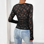 Damen Spitzen-Bodysuit mit quadratischem Ausschnitt und langen Ärmeln R&B