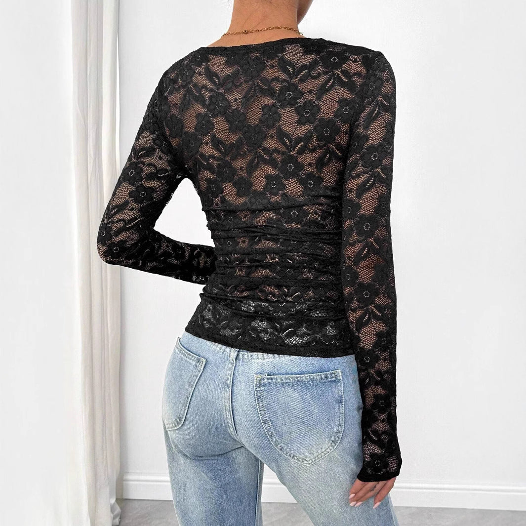 Damen Spitzen-Bodysuit mit quadratischem Ausschnitt und langen Ärmeln R&B