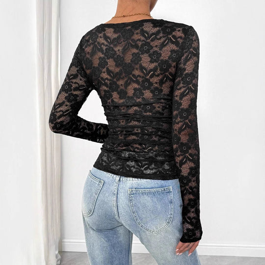 Damen Spitzen-Bodysuit mit quadratischem Ausschnitt und langen Ärmeln R&B